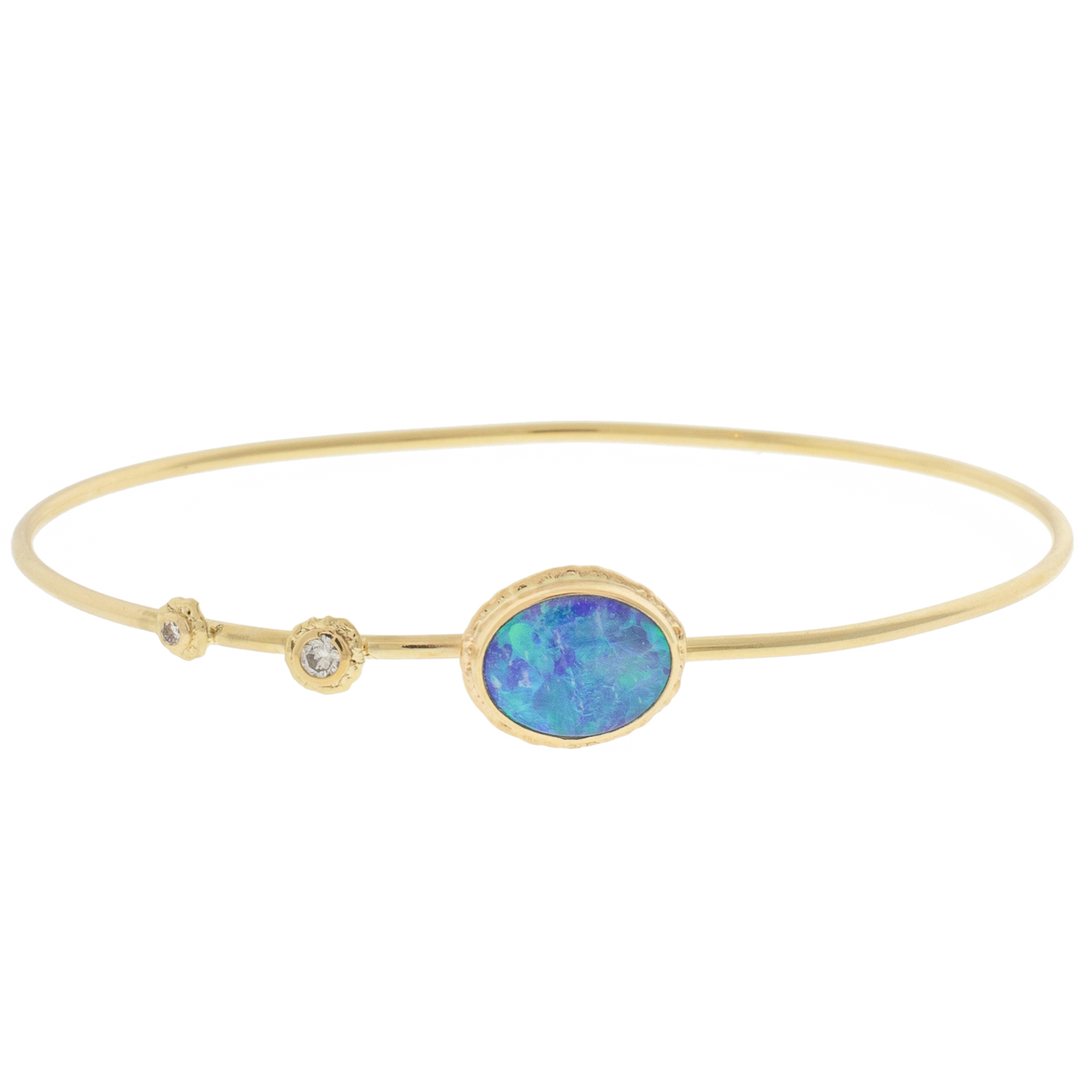 Jamie Joseph: 14k Gold Bracelet w/ Oval AUSTARALIAN OPAL on ruffled platform w/ two diamond accents .085 TCW, Stone measures 5/16" x 3/8:"