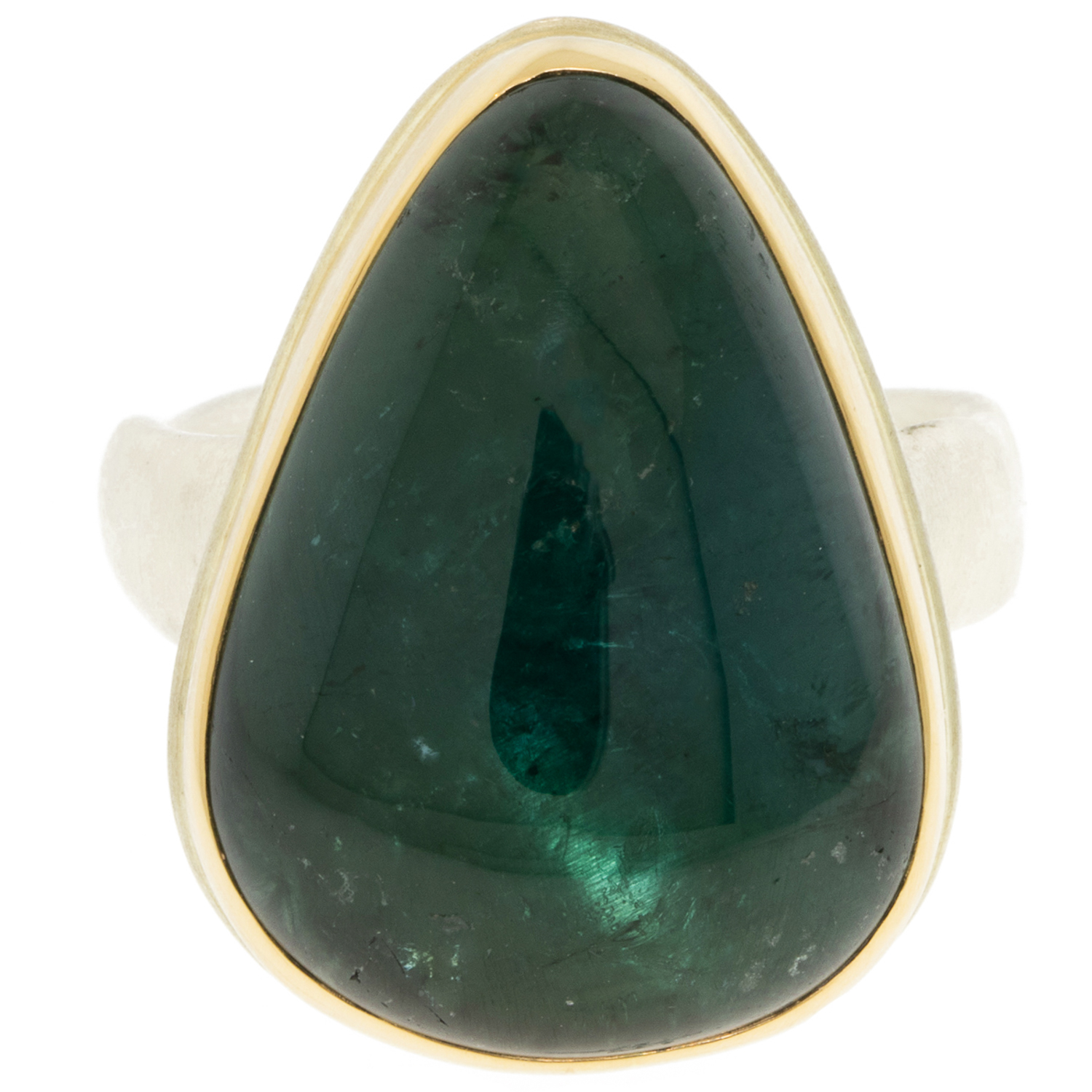 Jamie Joseph: SS and 14k Gold Ring w/Vertical Teardrop Smooth BLUE GREEN TOURMALINE on Groovy Band Measures 7/8" x 5/8" size 7 3/4