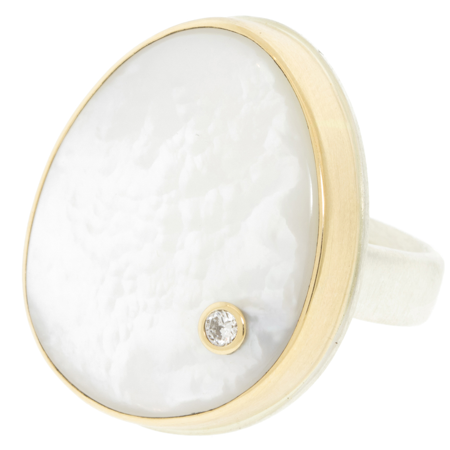 Jamie Joseph: Ring, Sterling & 14K Gold Ring w/ Smooth MOTHER OF PEARL & .03 TCW Diamond on Comfort band, size 8 1/4 Measures 15/16" x 3/4"