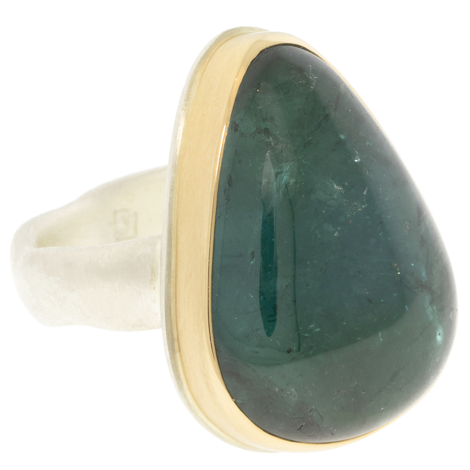 Jamie Joseph: SS and 14k Gold Ring w/Vertical Teardrop Smooth BLUE GREEN TOURMALINE on Groovy Band Measures 7/8" x 5/8" size 7 3/4