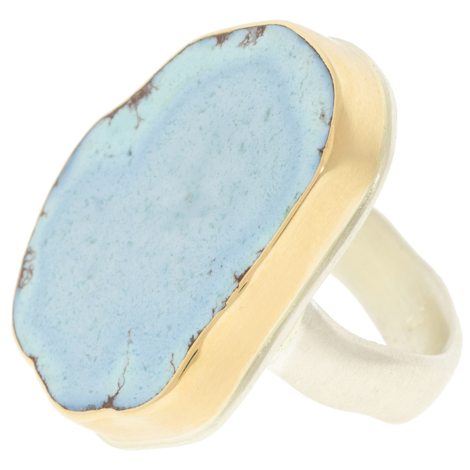 Jamie Joseph: Sterling & 14k gold ring Khazakhstani turquoise groovy band,sz 7.75, 1 1/16 x 13/16