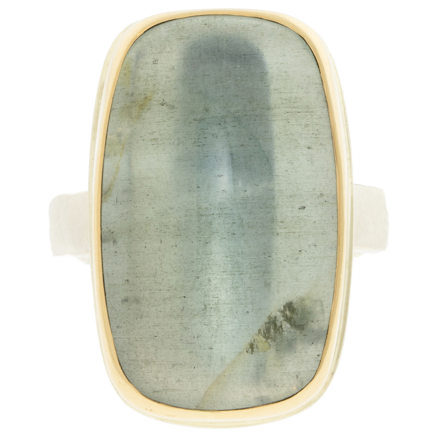 Jamie Joseph: SS and 14k Gold Ring w/ Large Vertical Rectangular Smooth MOSS AQUAMARINE on Y Band, Measures, 1" x 9/16" size 7