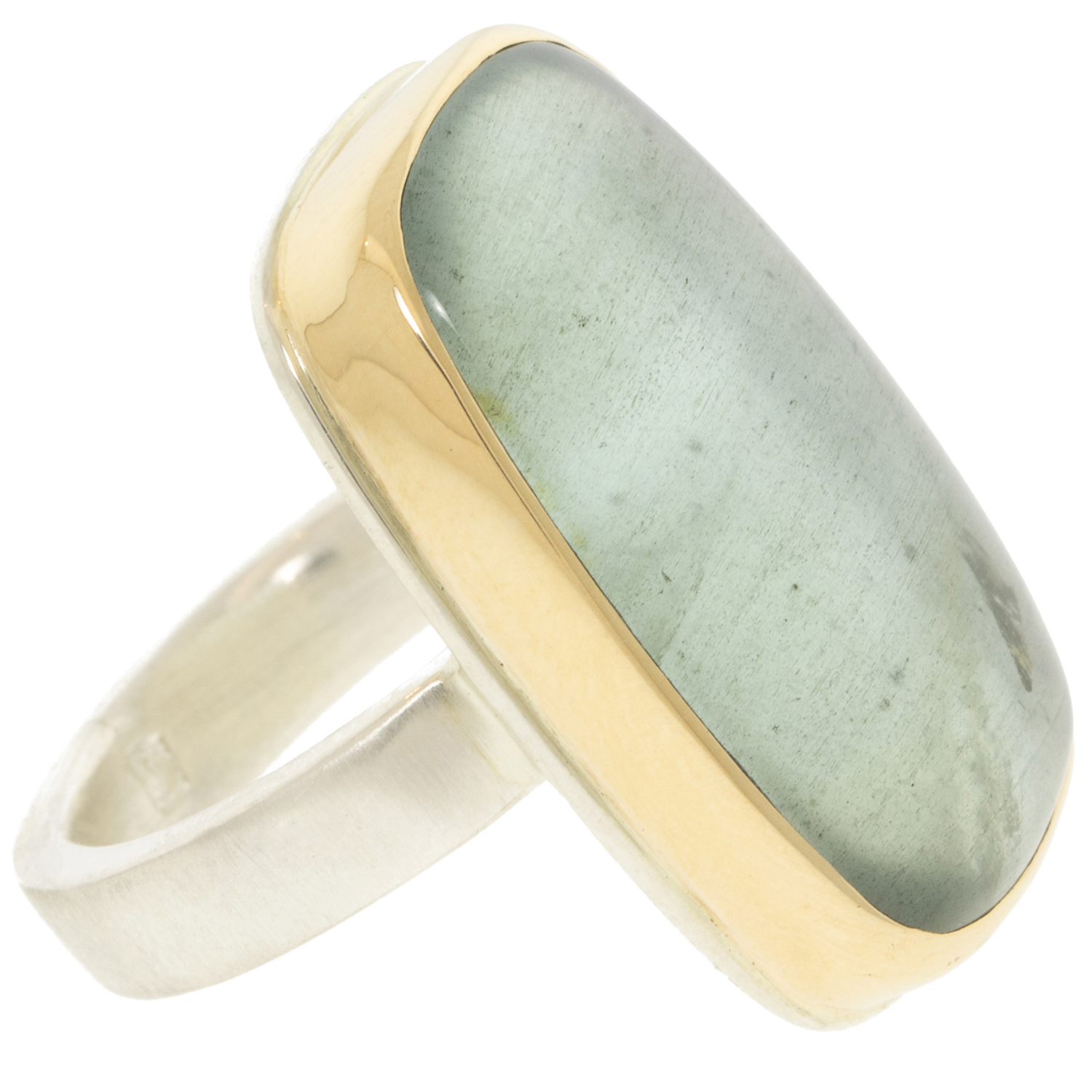 Jamie Joseph: SS and 14k Gold Ring w/ Large Vertical Rectangular Smooth MOSS AQUAMARINE on Y Band, Measures, 1" x 9/16" size 7