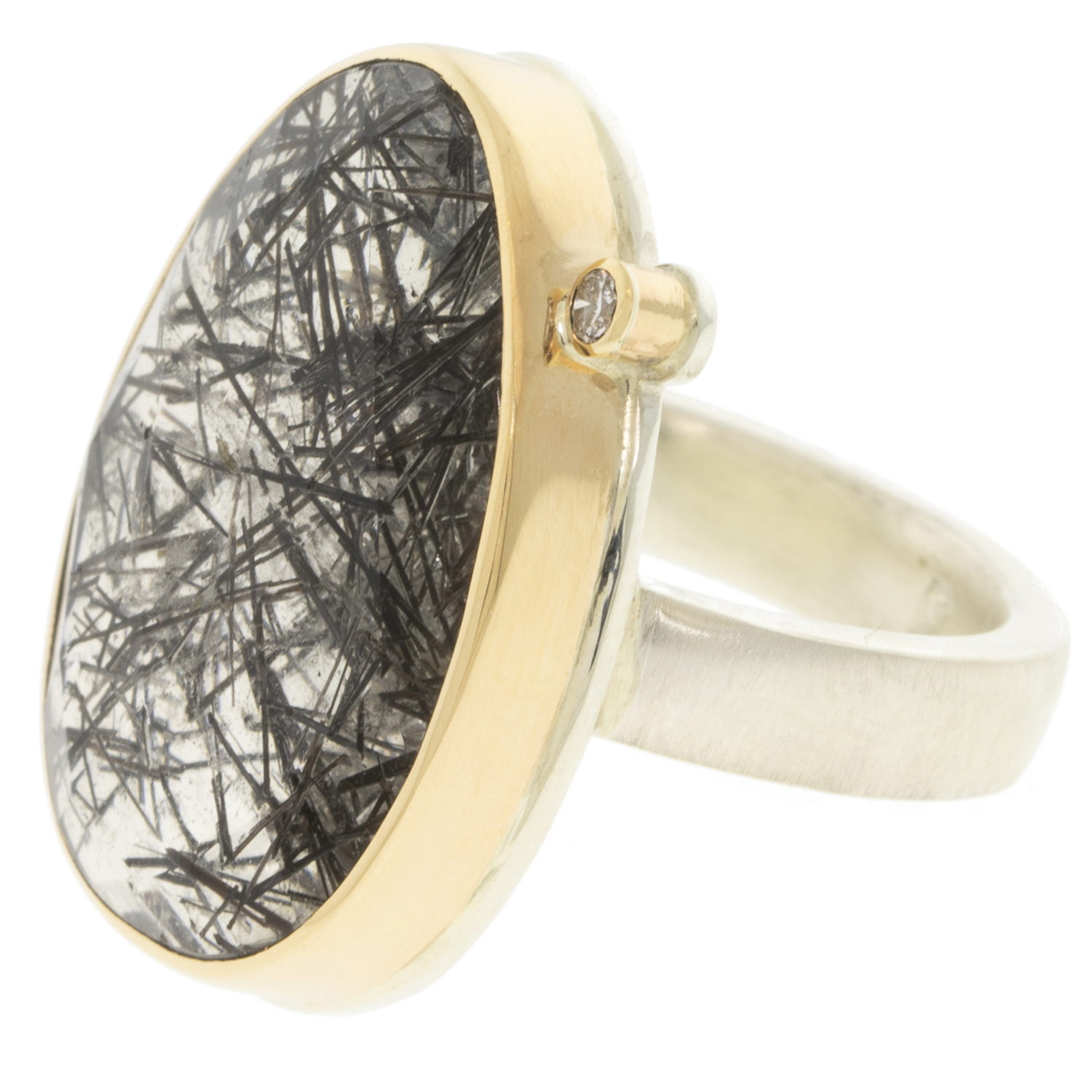 Jamie Joseph: Ring, Sterling & 14K Gold Ring w/ Vertical Asymmetrical Rose Cut TOURMALINATED QUARTZ & .03 ct Satellite Diamond on Y Band 7/8" x 11/16" size 7 1/2