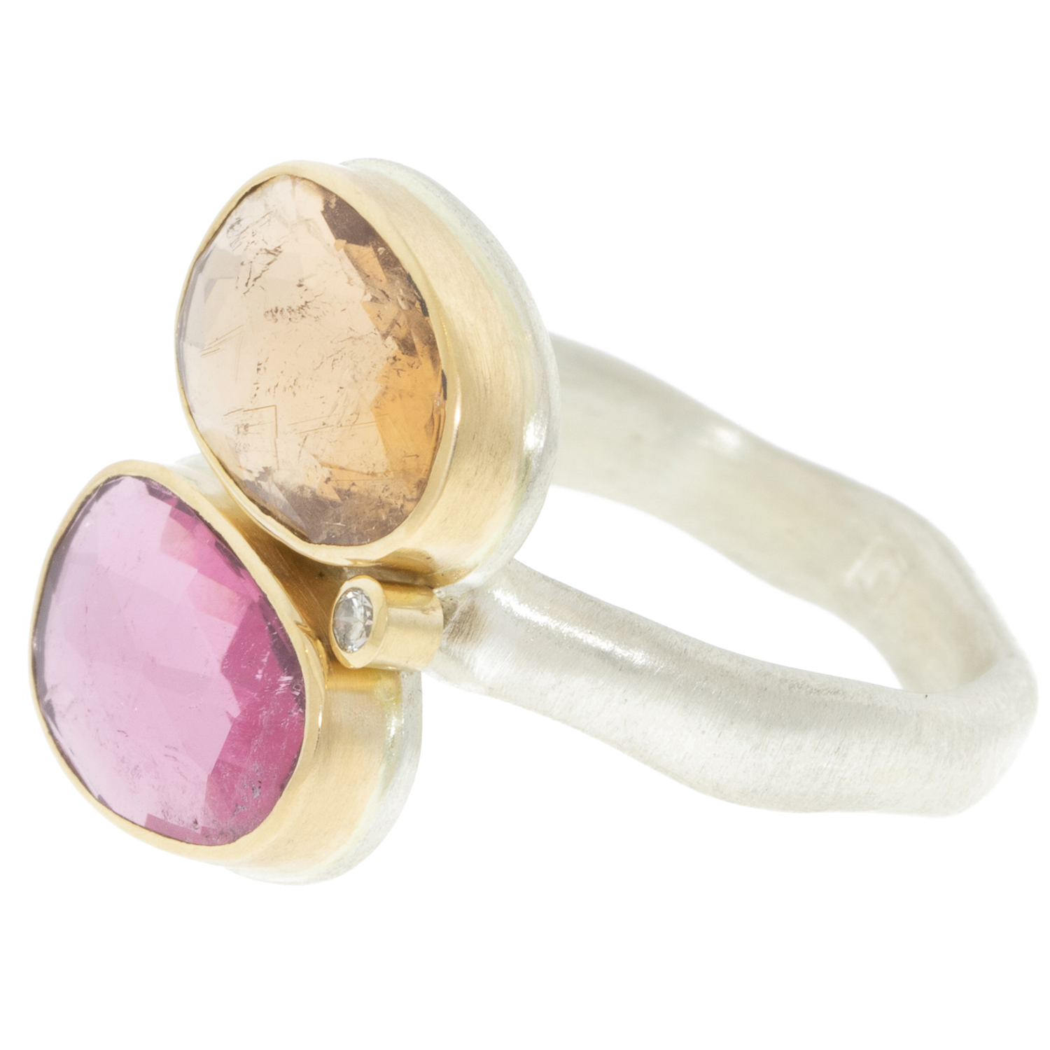 Jamie Joseph: Sterling & 14k gold ring with double asymmetrical rose cut pink tourmaline ,0.025ct satellite diamond on middle groovy band,sz 7, 5/8 x 1/2