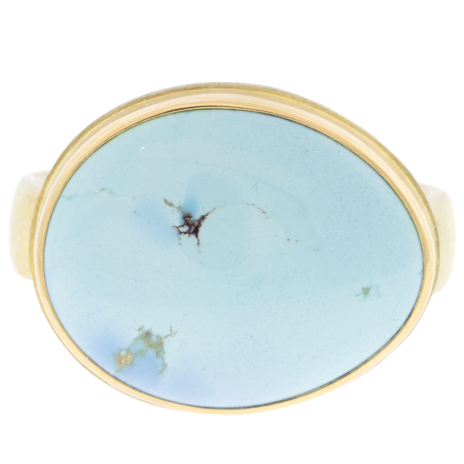 Jamie Joseph: Ring, Sterling & 14K gold , w/Asymmetrical KAZAKHSTANI TURQUOISE on Middle Bark Band sz 7 9/16" x 3/4"