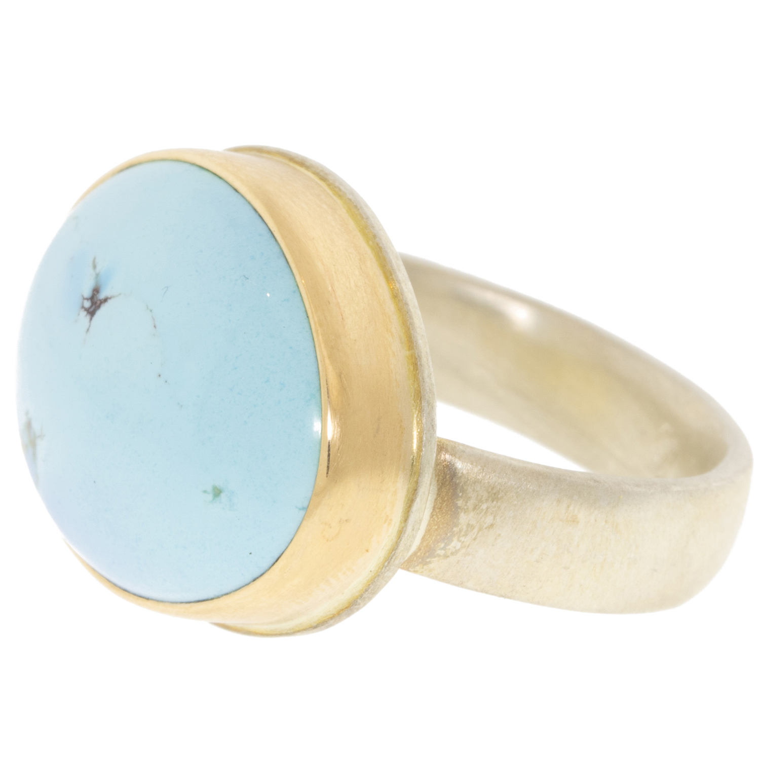 Jamie Joseph: Ring, Sterling & 14K gold , w/Asymmetrical KAZAKHSTANI TURQUOISE on Middle Bark Band sz 7 9/16" x 3/4"
