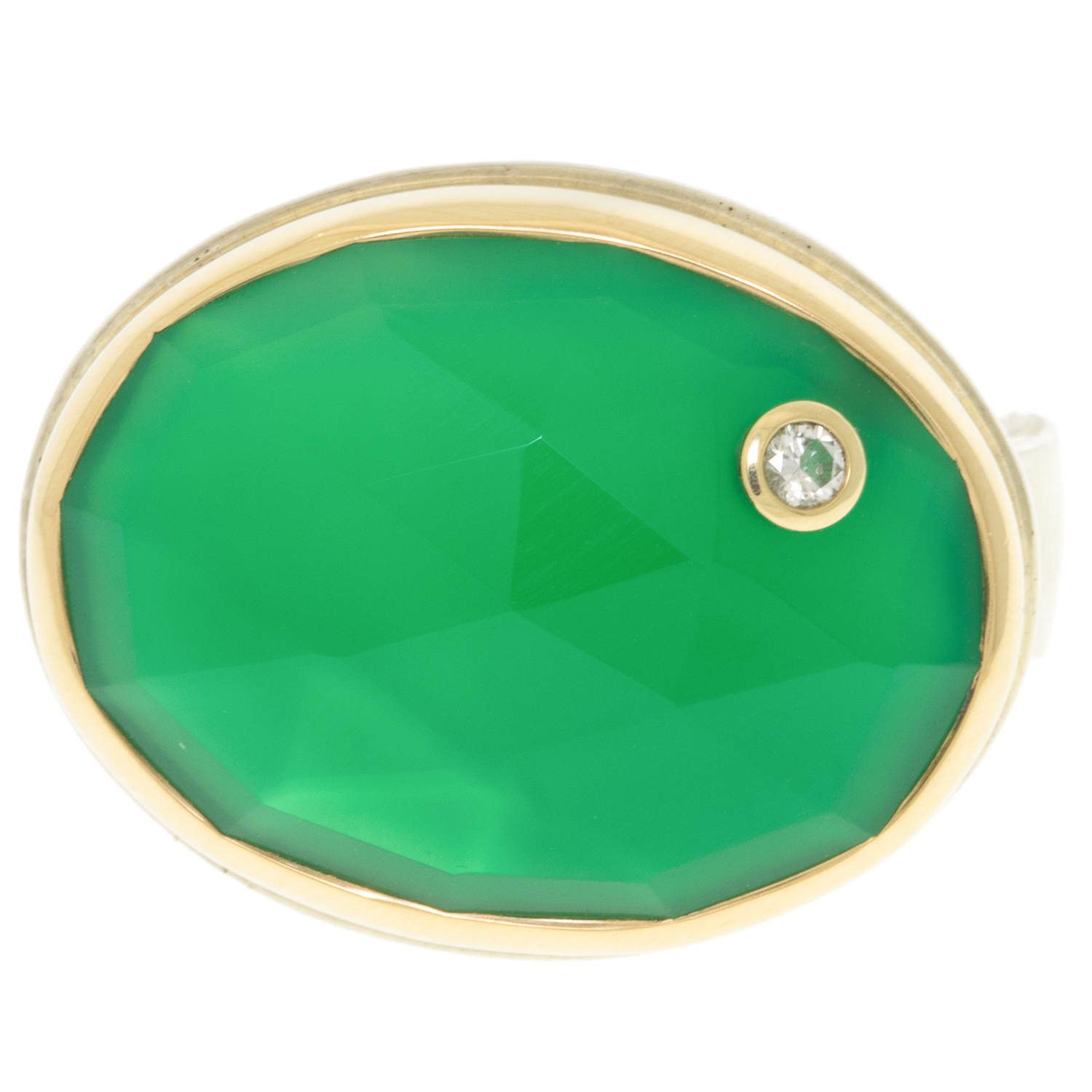 Jamie Joseph: SS and 14K Gold Ring w/ Round Rose Cut GREEN ONYX & .03 ct Diamond on Soft Live Edge Band, sz 7.25 9/16" x 3/4"