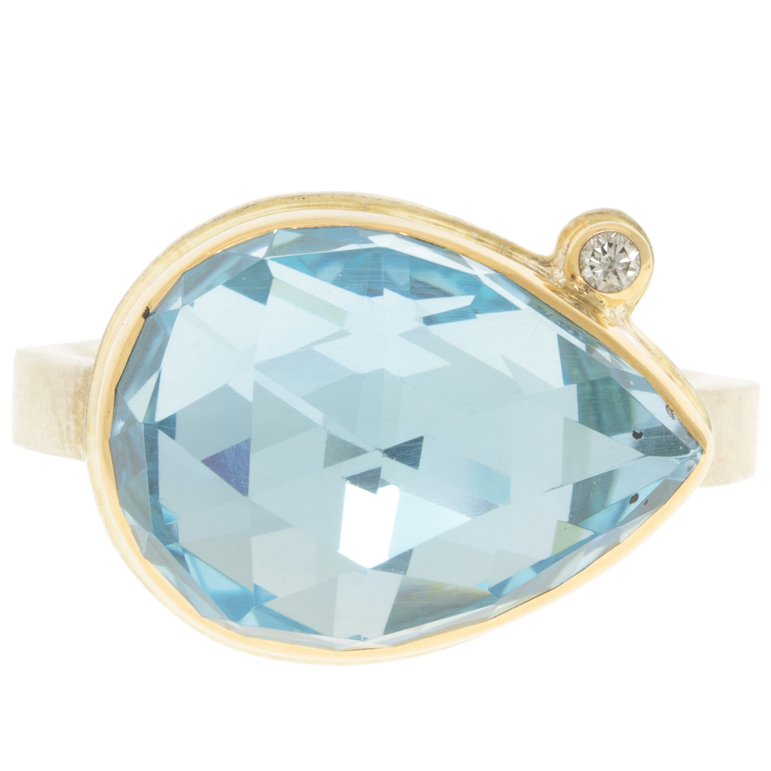 Jamie Joseph: ring, SS & 14K Gold Ring w/ Teardrop Rose Cut SKY BLUE TOPAZ & .03 TCW diamond on X Band 1/2" x 11/16" Size 8
