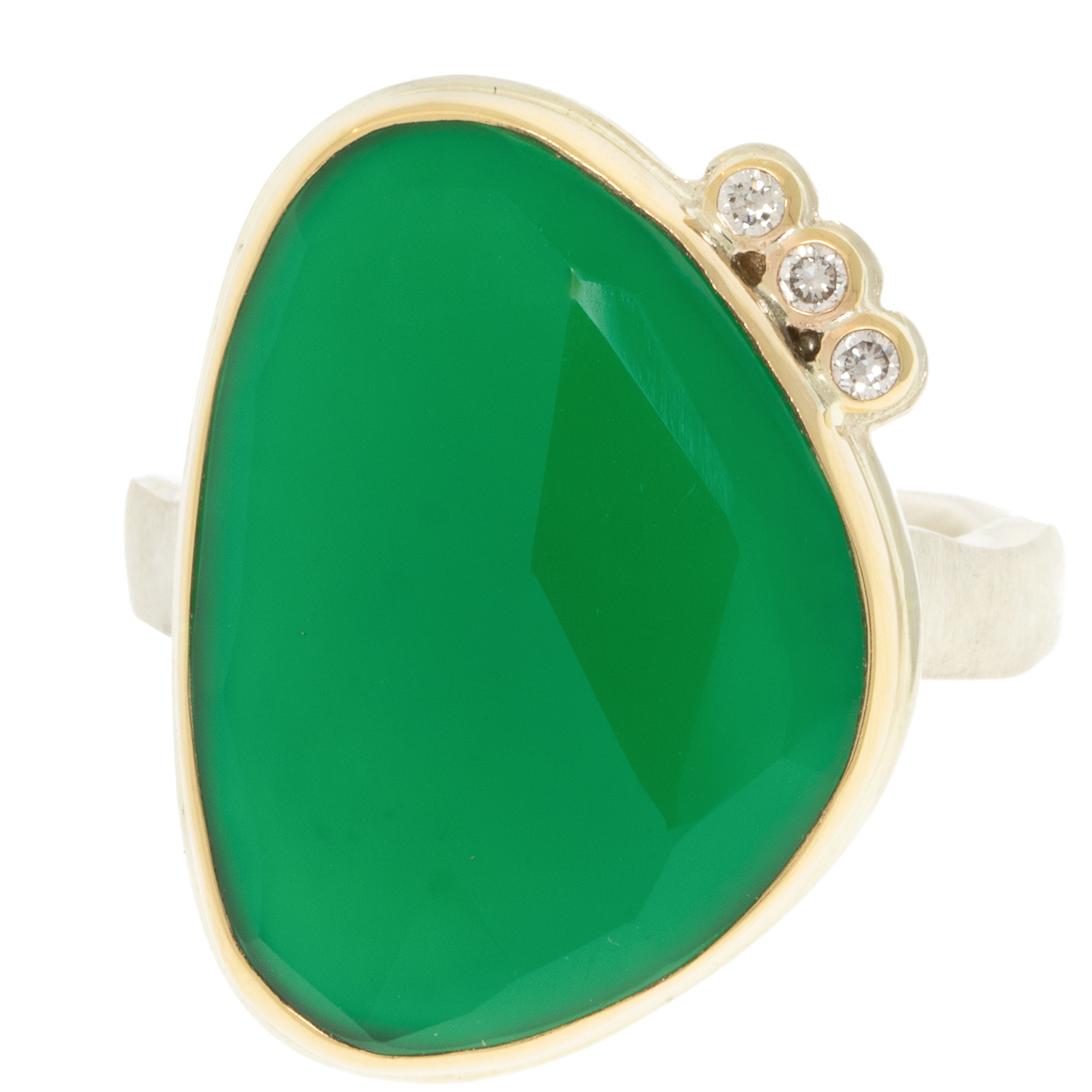 Jamie Joseph: Sterling & 14K Gold Ring w/ Vertical Asymmetrical Rose Cut GREEN ONYX & Triple Satellite Diamonds on Soft Live Edge Band (.075 CTW) 13/16" x 5/8" size 7 1/4
