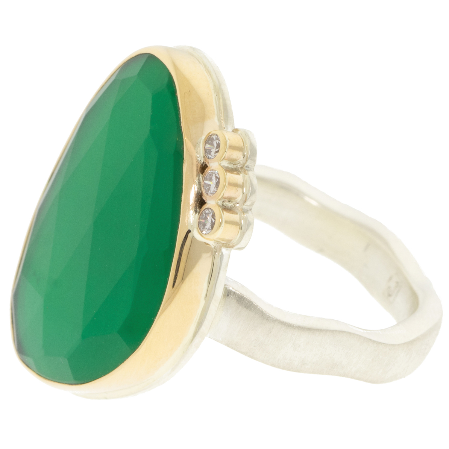 Jamie Joseph: Sterling & 14K Gold Ring w/ Vertical Asymmetrical Rose Cut GREEN ONYX & Triple Satellite Diamonds on Soft Live Edge Band (.075 CTW) 13/16" x 5/8" size 7 1/4