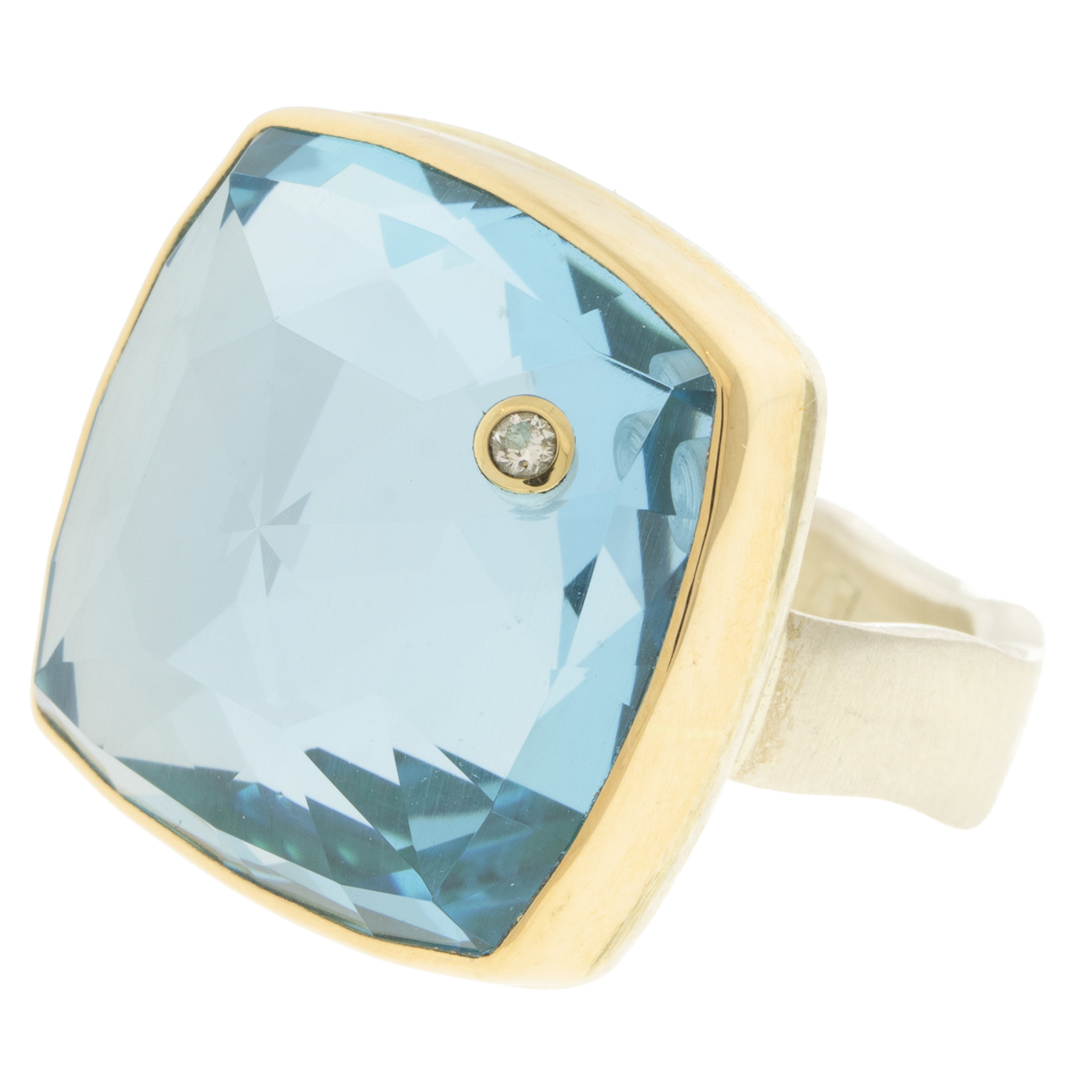 Jamie Joseph: Ring, Sterling & 14K gold , w/ Square Rose Cut SKY BLUE TOPAZ & .03 TCW Diamond on Live Edge Band sz 8, 3/4" x 3/4"