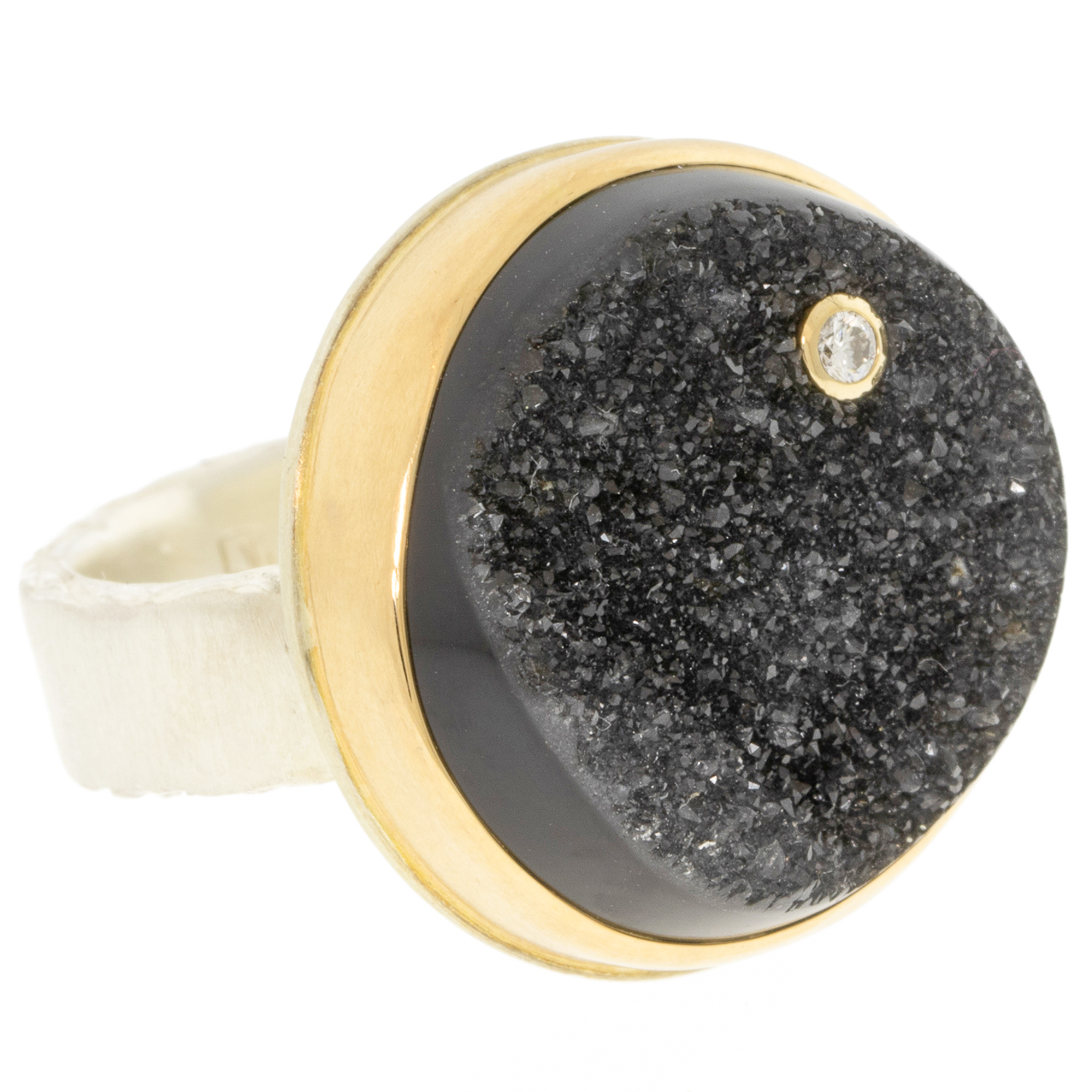 Jamie Joseph: Ring, Sterling & 14K Gold Ring w/ Round BRAZILIAN BLACK DRUSY & .03 ct Diamond on Wide Bark Band 3/4" in diameter size 7 1/4