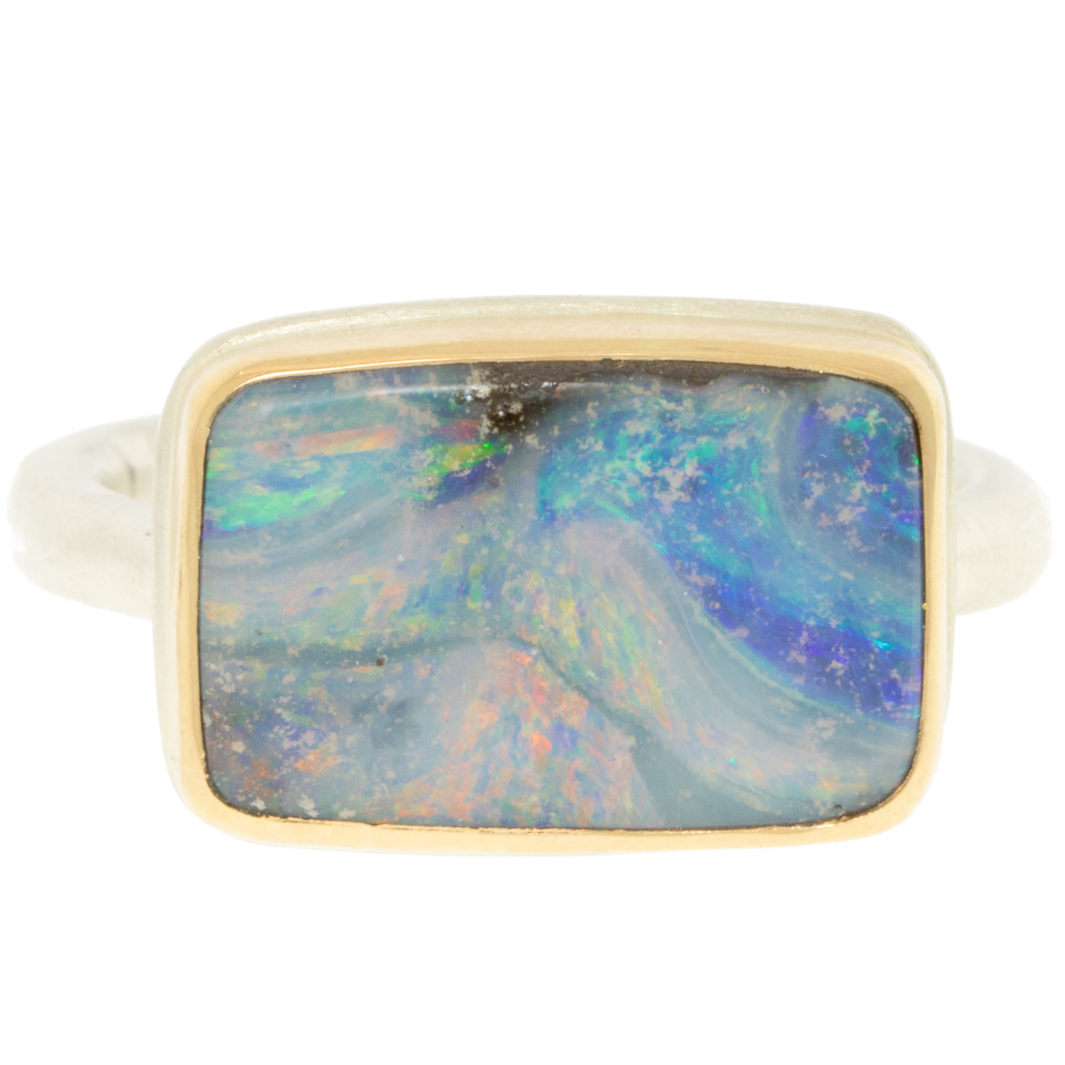 Jamie Joseph: Sterling & 14K Gold Ring w/ Smooth Rectangle Boulder Opal on Egyptian Band 3/8" x 9/16" size 7