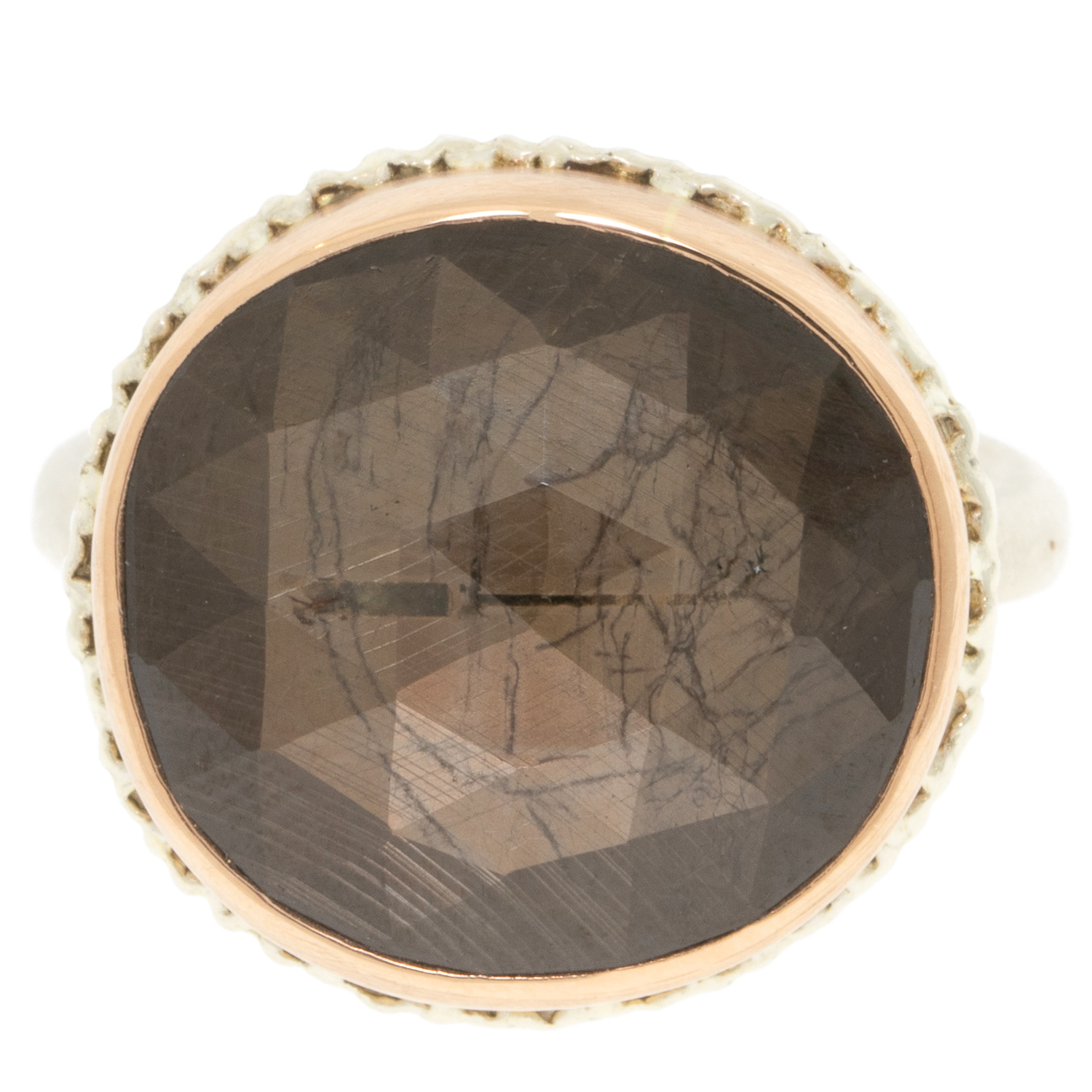 Jamie Joseph : Ring, Sterling & 14K Rose Gold Ring w/ Asymmetrical Rose Cut BROWN SAPPHIRE on Lava Platform and Egyptian Band 5/8" x 5/8" size 7 1/4