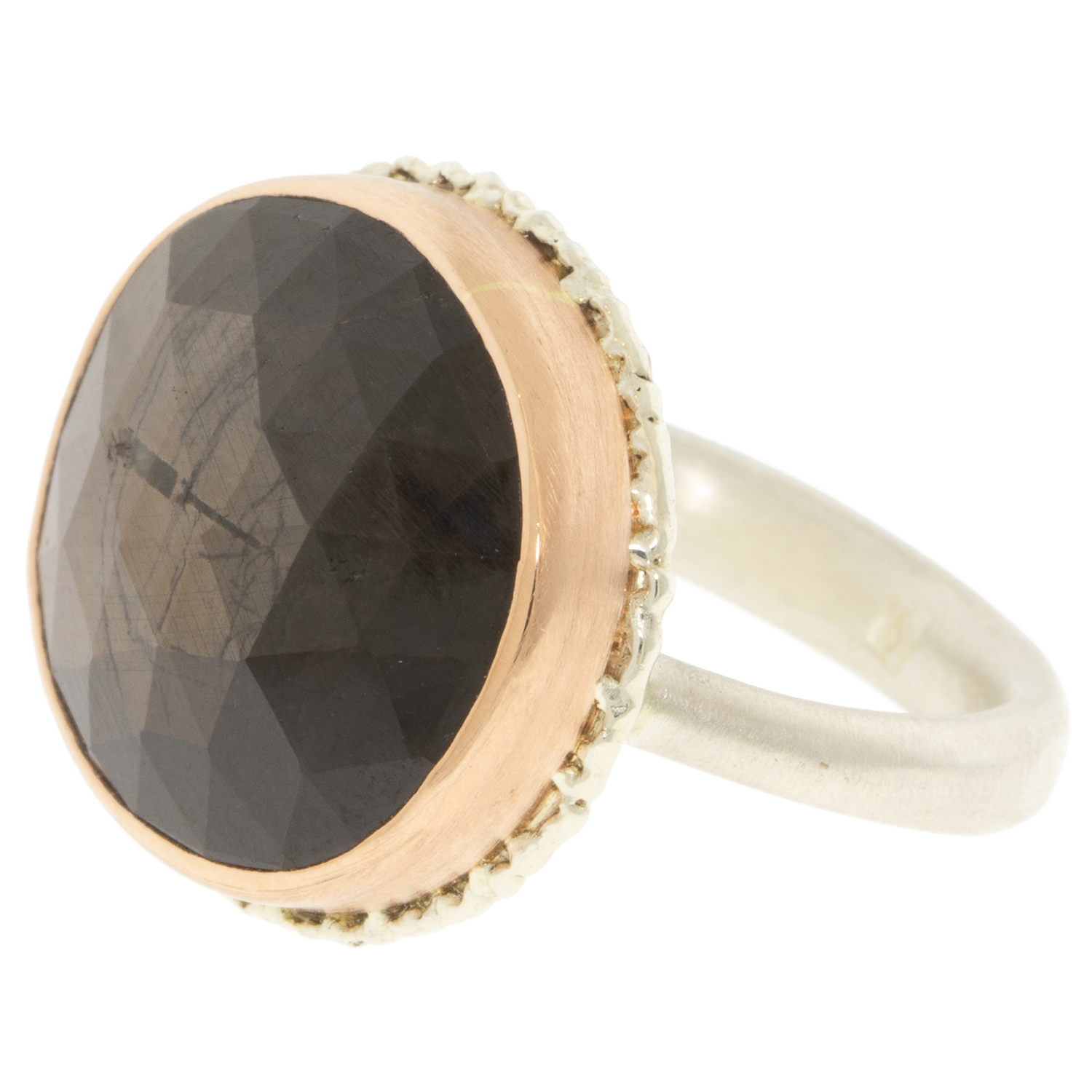 Jamie Joseph : Ring, Sterling & 14K Rose Gold Ring w/ Asymmetrical Rose Cut BROWN SAPPHIRE on Lava Platform and Egyptian Band 5/8" x 5/8" size 7 1/4