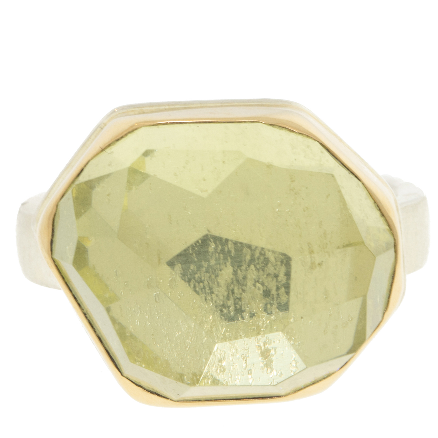 Jamie Joseph: SS and 14k Gold Ring w/ Asymmetrical Faceted Yellow Beryl on Y band, measures 9/16" x 3/4" size 7 1/4