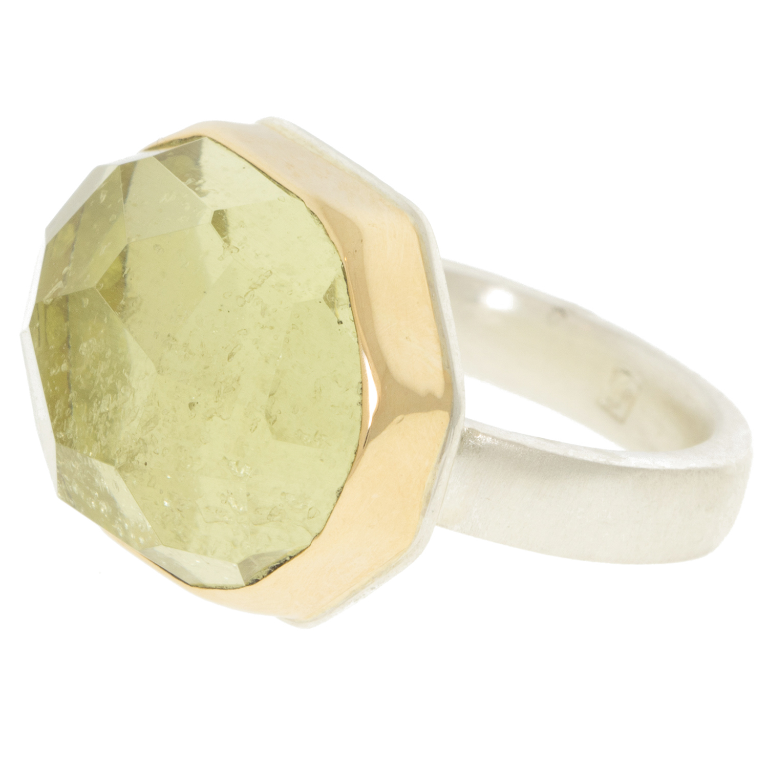 Jamie Joseph: SS and 14k Gold Ring w/ Asymmetrical Faceted Yellow Beryl on Y band, measures 9/16" x 3/4" size 7 1/4