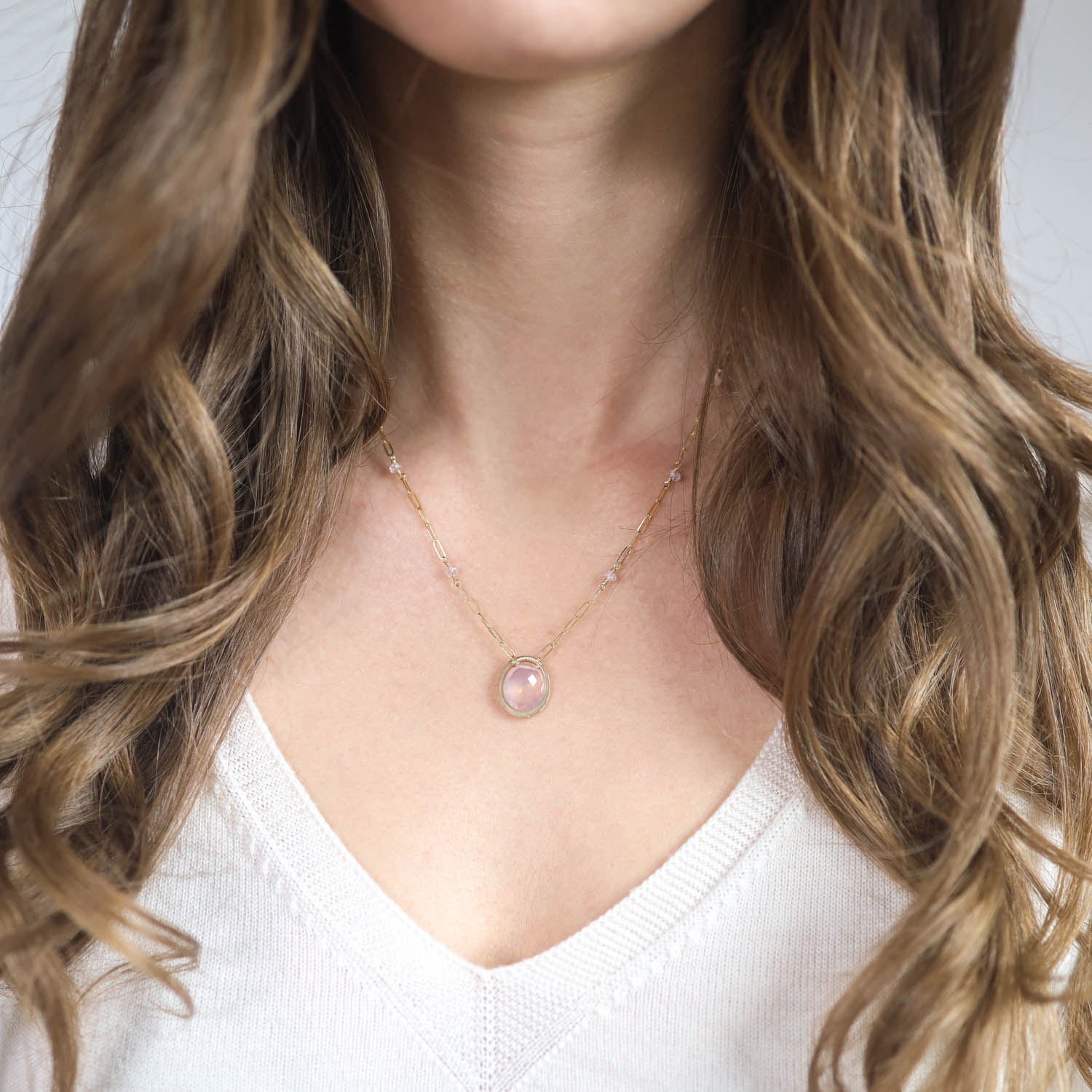 Dana Kellin:Necklace,Gold Fill ,Rose quartz and pink sapphire pendant,delicate link chain
