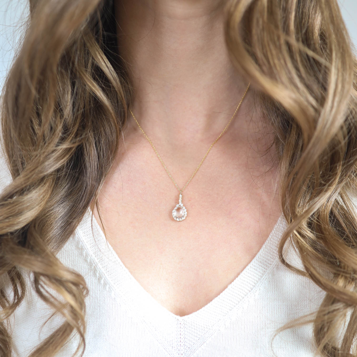 Dana Kellin: Necklace,Gold Fill ,Teardrop quartz pendant with pearls