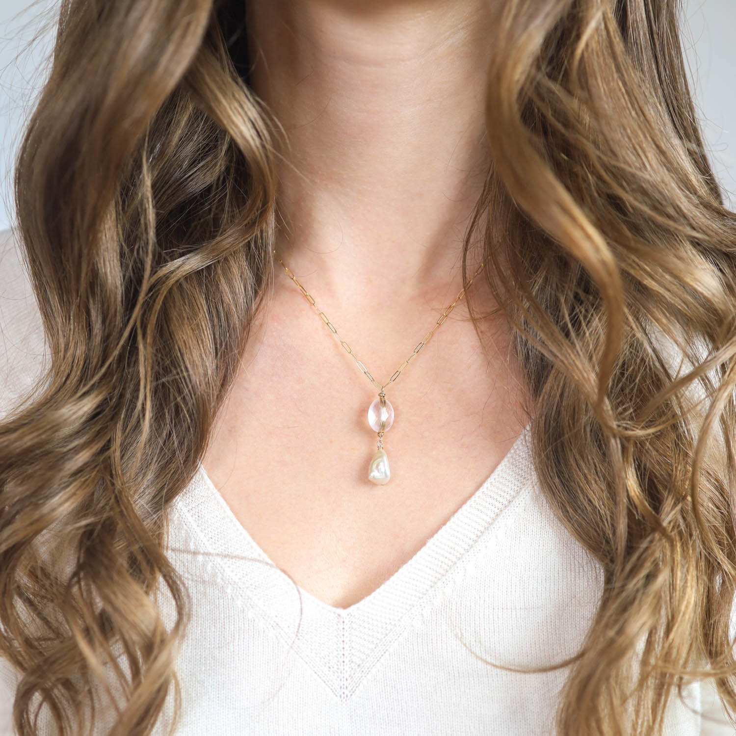 Dana Kellin:Necklace,Gold Fill ,Wire wrapped rose quartz pendant with keshi pearl
