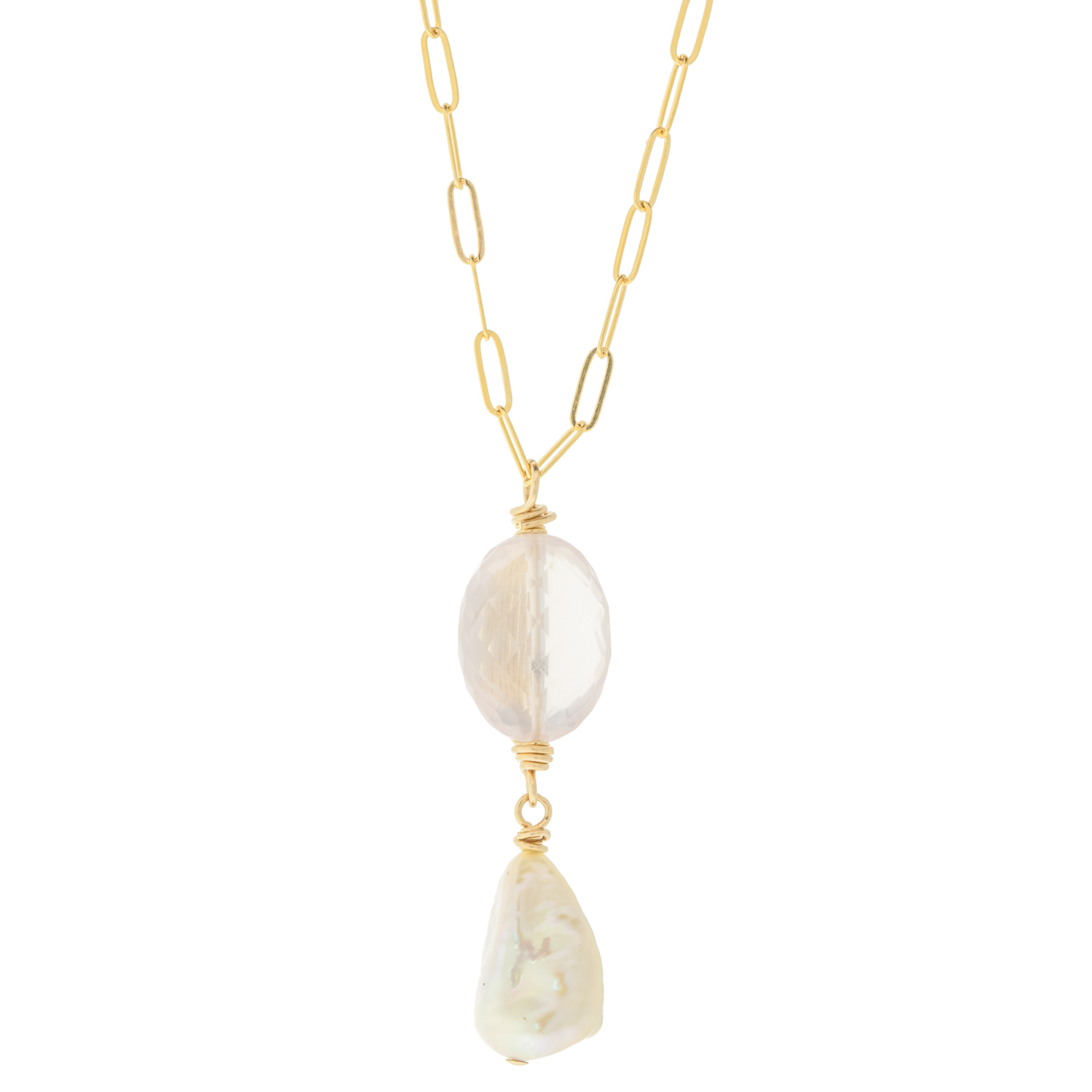 Dana Kellin:Necklace,Gold Fill ,Wire wrapped rose quartz pendant with keshi pearl