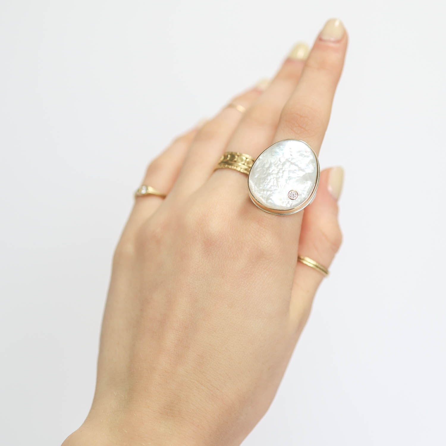 Jamie Joseph: Ring, Sterling & 14K Gold Ring w/ Smooth MOTHER OF PEARL & .03 TCW Diamond on Comfort band, size 8 1/4 Measures 15/16" x 3/4"