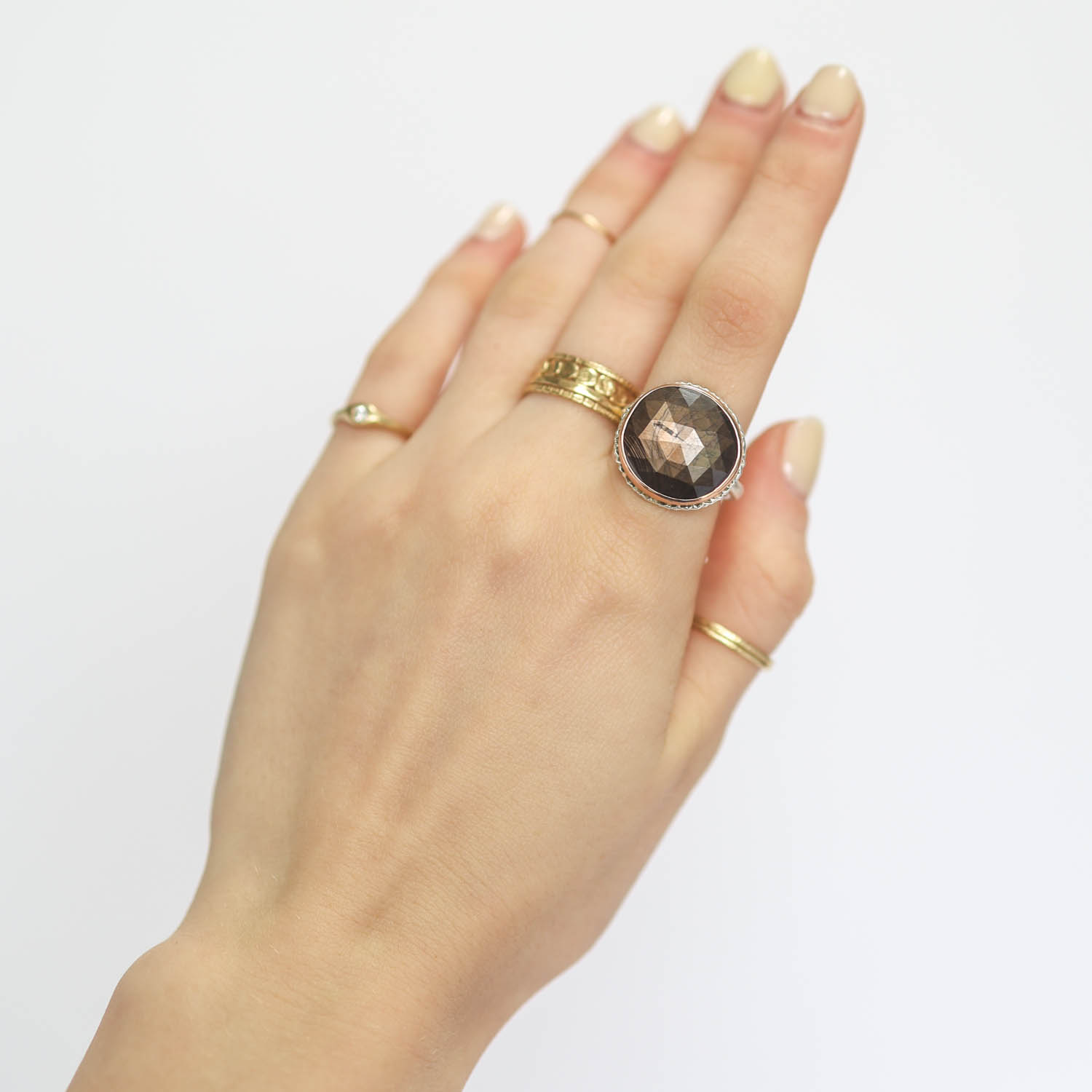 Jamie Joseph : Ring, Sterling & 14K Rose Gold Ring w/ Asymmetrical Rose Cut BROWN SAPPHIRE on Lava Platform and Egyptian Band 5/8" x 5/8" size 7 1/4