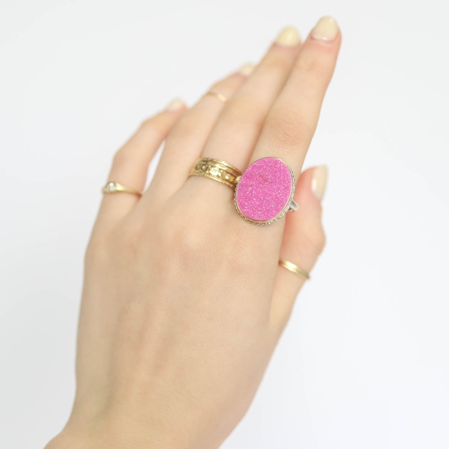 Jamie Joseph: Ring, Sterling & 14K rose gold , w/ Vertical Oval COBALT CALCITE DRUSY on Lava Platform and Egyptian Band sz 8 13/16" x 5/8"