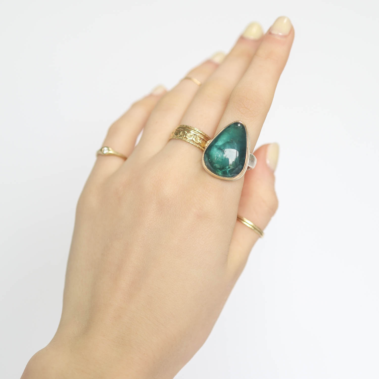 Jamie Joseph: SS and 14k Gold Ring w/Vertical Teardrop Smooth BLUE GREEN TOURMALINE on Groovy Band Measures 7/8" x 5/8" size 7 3/4