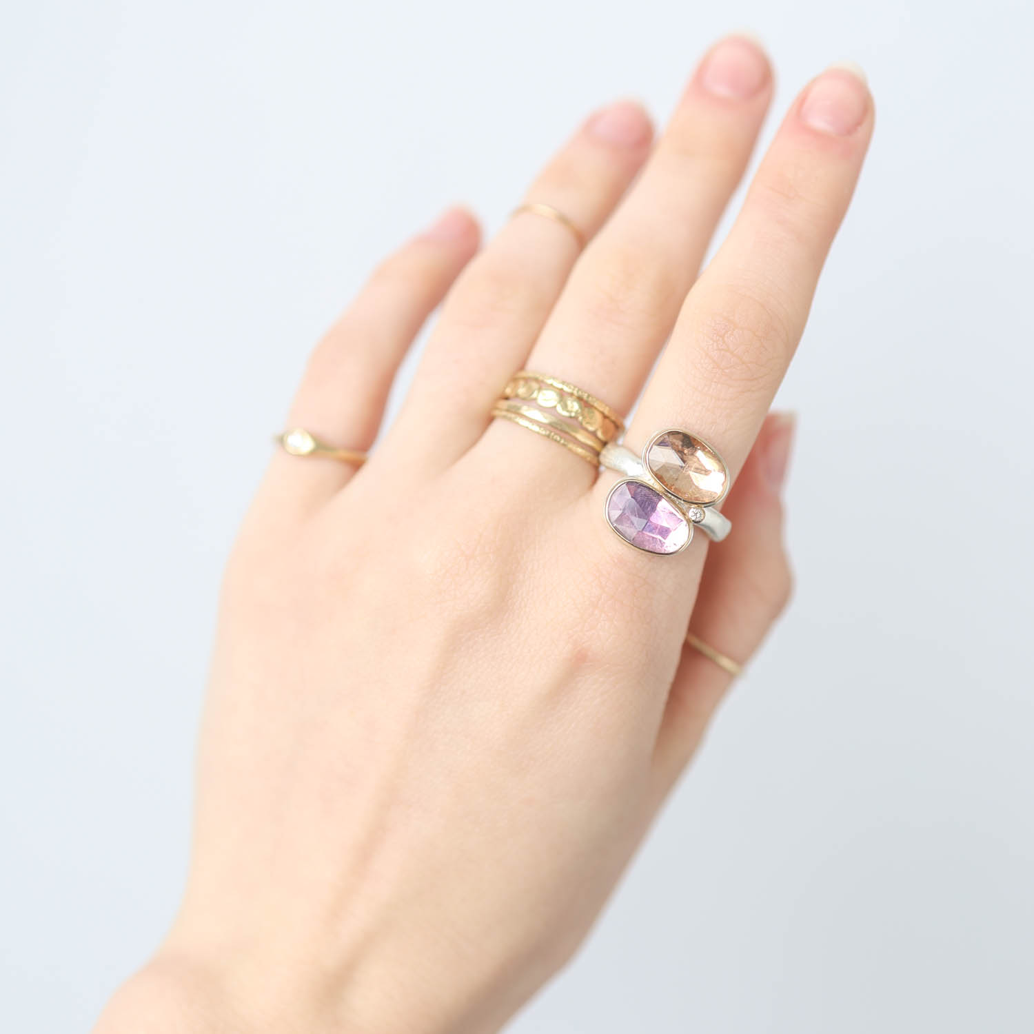 Jamie Joseph: Sterling & 14k gold ring with double asymmetrical rose cut pink tourmaline ,0.025ct satellite diamond on middle groovy band,sz 7, 5/8 x 1/2