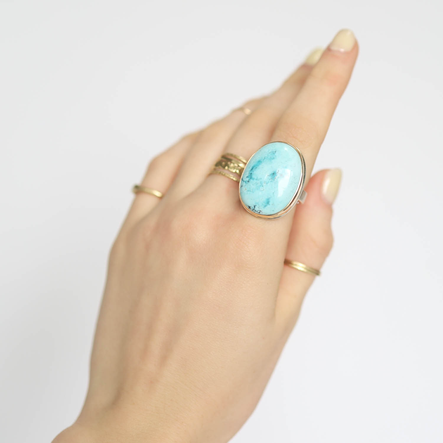 Jamie Joseph: SS & 14K gold Ring w/ Vertical Asymmetrical Hubei Turquoise on Y Band, sz 6 3/4, 1" x 3/4"