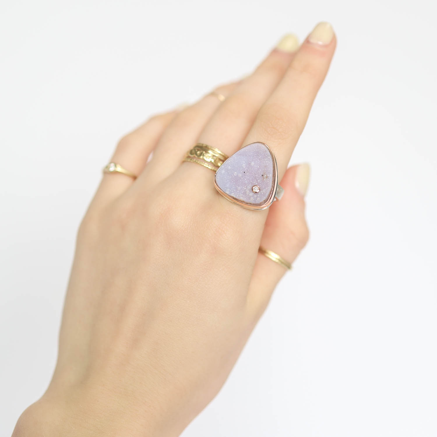 Jamie Joseph: SS & 14k rose gold ring w/Triangular LAVENDER DRUSY & .03 TCW Diamond on Y Band, Measures 3/4" x 3/4" sz 7