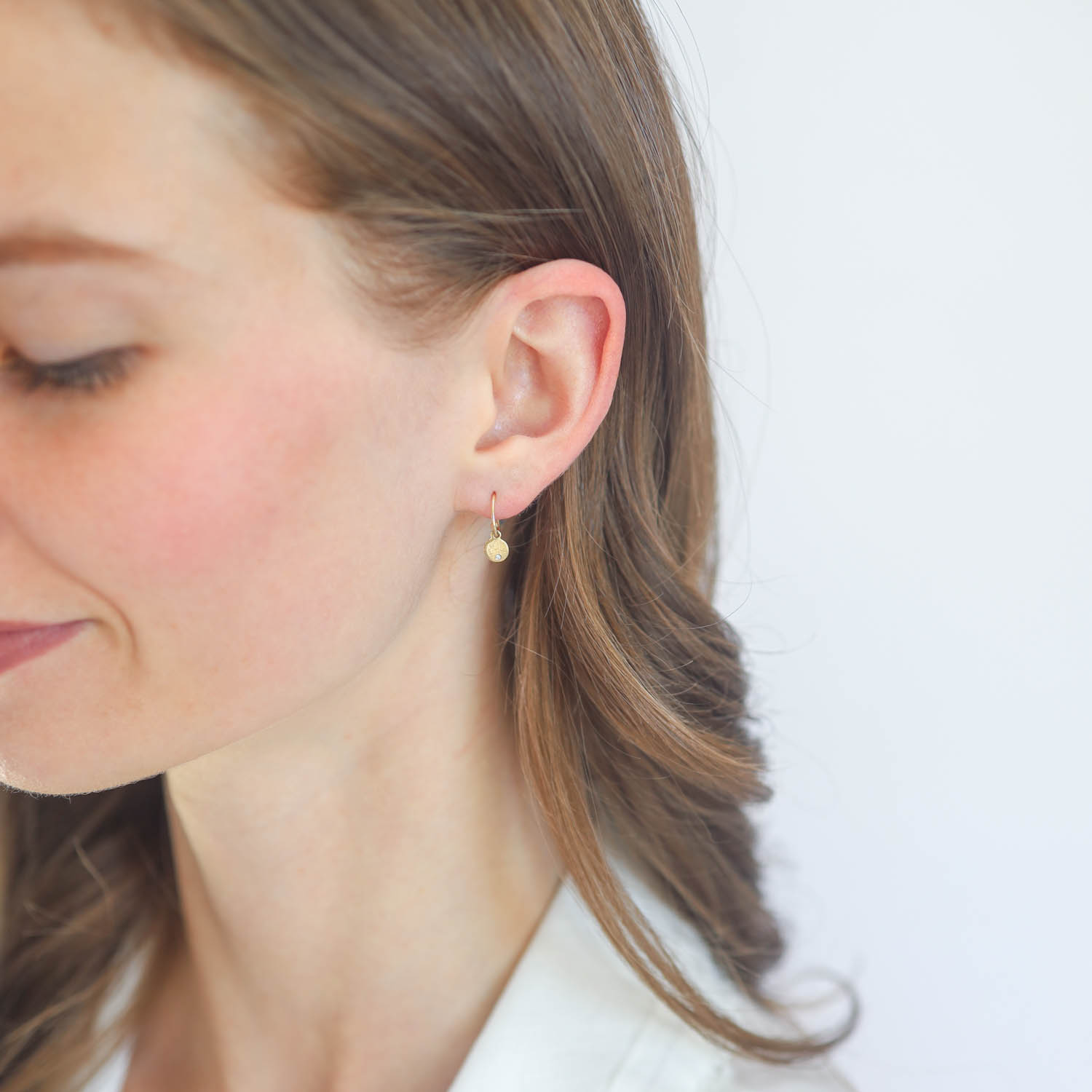 Victoria Cunningham Trunk Show: Earrings, small disk w/ diamond dangle 14K Yellow Gold 1/2" x 3/16" including earwire