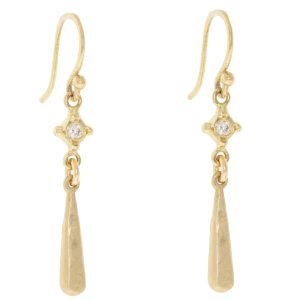 Victoria Cunningham Trunk Show: Earrings, Studs, Diamond bezel w/ long teardrop 14K Yellow Gold. 1 1/8" x 3/16" inc earwire