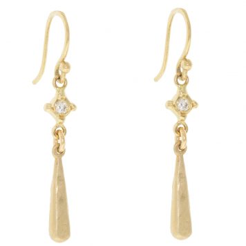 Victoria Cunningham Trunk Show: Earrings, Studs, Diamond bezel w/ long teardrop 14K Yellow Gold. 1 1/8" x 3/16" inc earwire