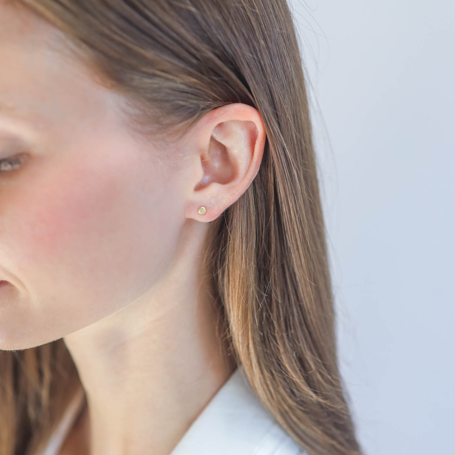 Victoria Cunningham: Trunk show : Earrings, Tiny disk post 14K yellow gold, Measures 1/8" in diameter