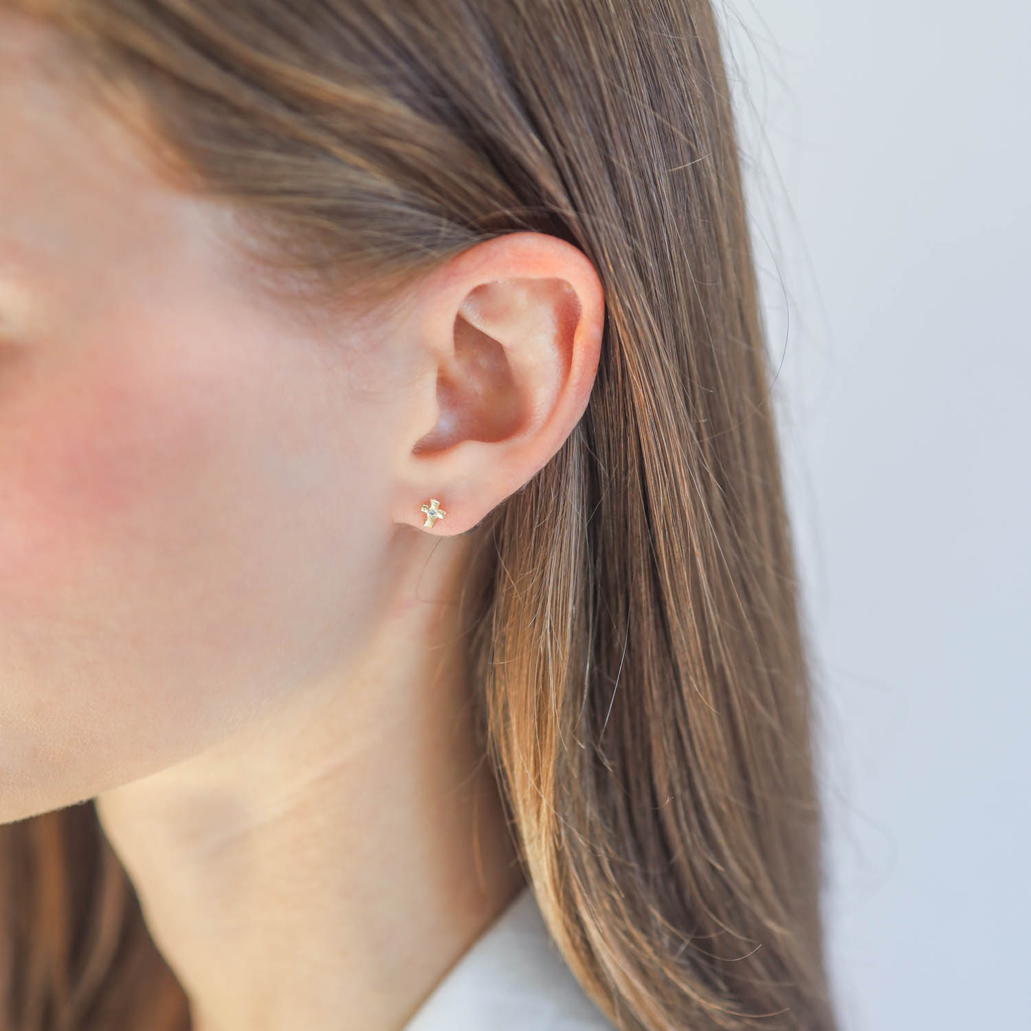 Victoria Cunningham Trunk show: Earrings, Tiny diamond cross post, 14K gold, Measures 3/16" x 1/8"