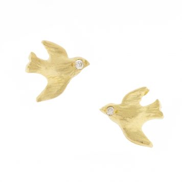 Victoria Cunningham : Earrings, Studs, Bird, Diamonds, 14K Yellow Gold. Measure 5/16" x 5/16"
