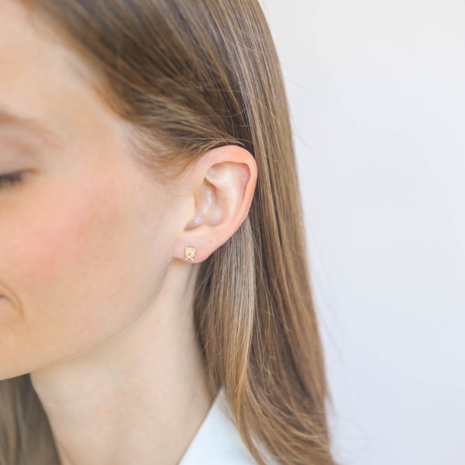 Victoria Cunningham Trunk Show: Earrings, Studs, Owl post w/diamond, 14K Yellow Gold. 1/4" x 3/16"