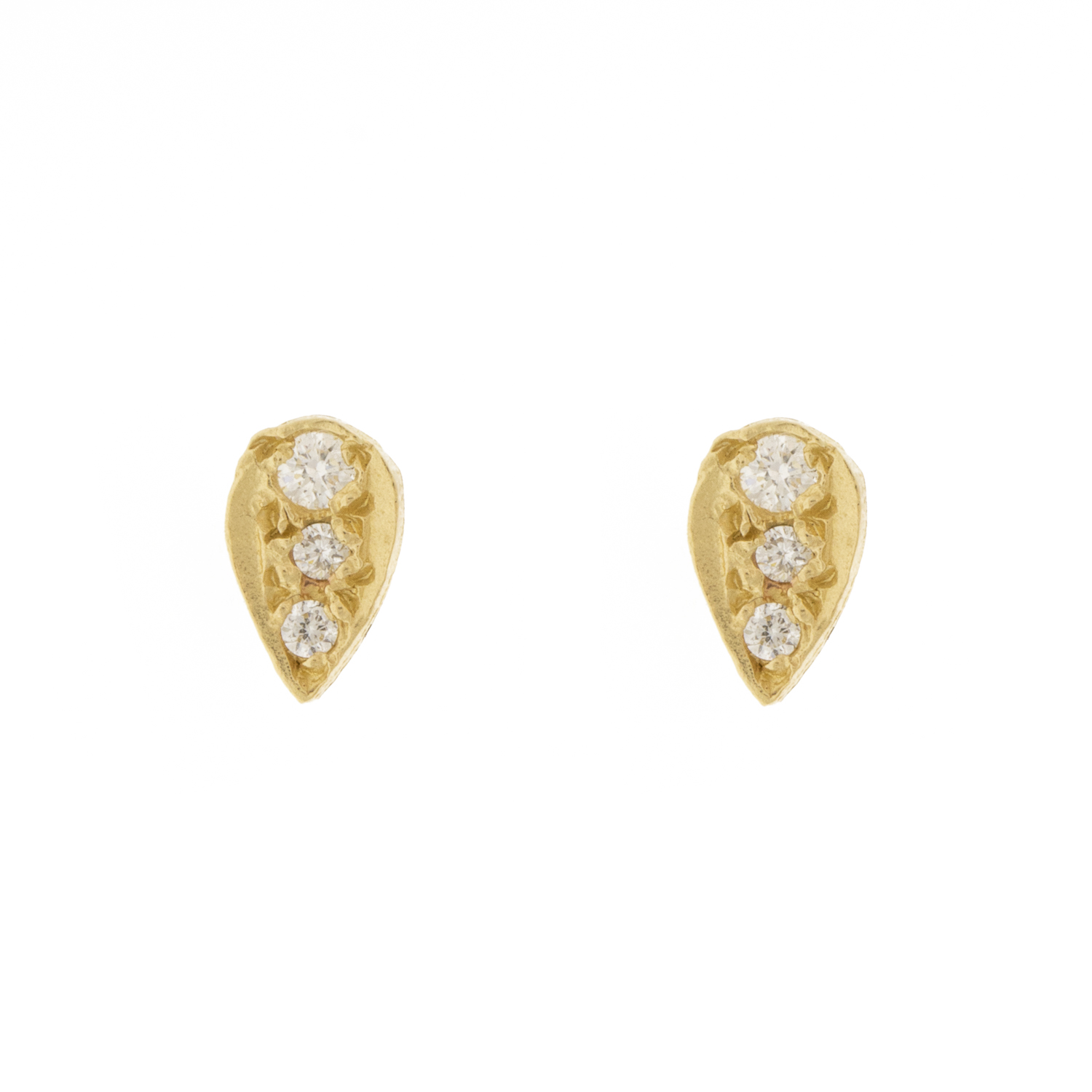 Victoria Cunningham Trunk Show: Earrings, Studs, Leaf, 3 Diamonds, 14K Yellow Gold. 1/4" x 1/8"