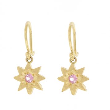 Victoria Cunningham trunk show: Earrings, Sunshine earrings w/ pink sapphire dangle. 14K Yellow Gold. 13/16" x 3/8" including earwire