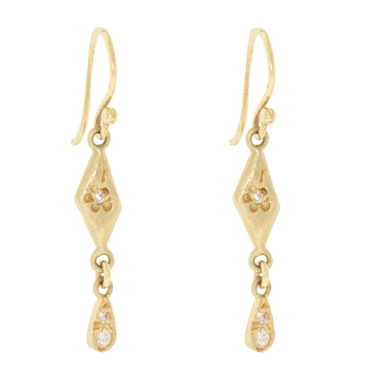 Victoria Cunningham Trunk Show: Earrings, diamond shape w/ drop 14K Yellow Gold 1 1/16" x 3/16" including earwire