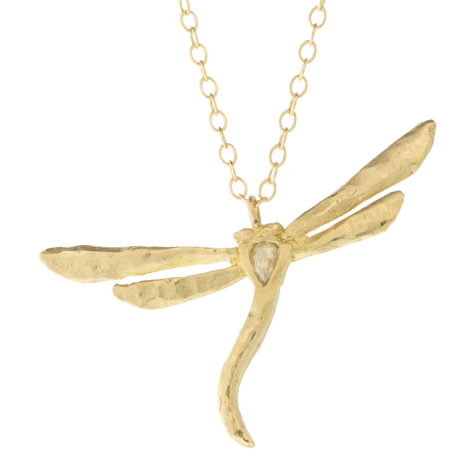Victoria Cunningham Trunk Show: 14K hammered dragonfly w/ rose cut diamond 1" x 1 7/16" inc bail 15-16" in length