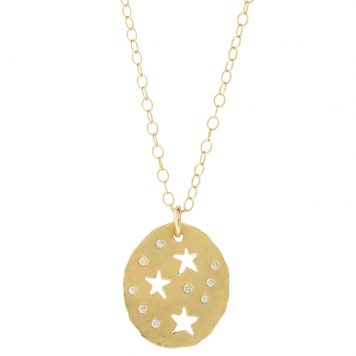 Victoria Cunningham Trunk Show: 14K Oval Disc w/ Cut out Stars [hole punch stars], chain measures 16", Pendant measures 5/8" x 1/2"  including bail