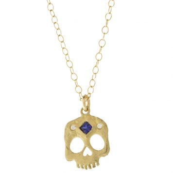 Victoria Cunningham Trunk Show: 14k skull w/ princess cut sapphire 3rd eye  Pendant measures 5/8" x 3/8" including  bail, Chain measures 16 1/2" in length