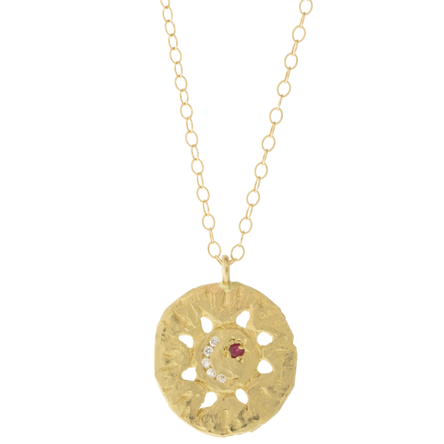 Victoria Cunningham Trunk Show: 14K solar eclipse w/ channel set diamonds + ruby