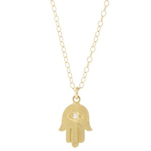 Victoria Cunningham Trunk Show: 14K Hamsa w/diamond eye .015 TCW, chain measures 16", Pendant measures 5/8" x 3/8" including bail