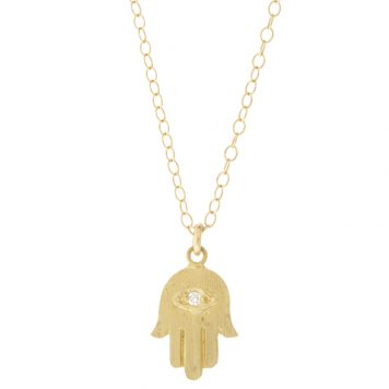 Victoria Cunningham Trunk Show: 14K Hamsa w/diamond eye .015 TCW, chain measures 16", Pendant measures 5/8" x 3/8" including bail