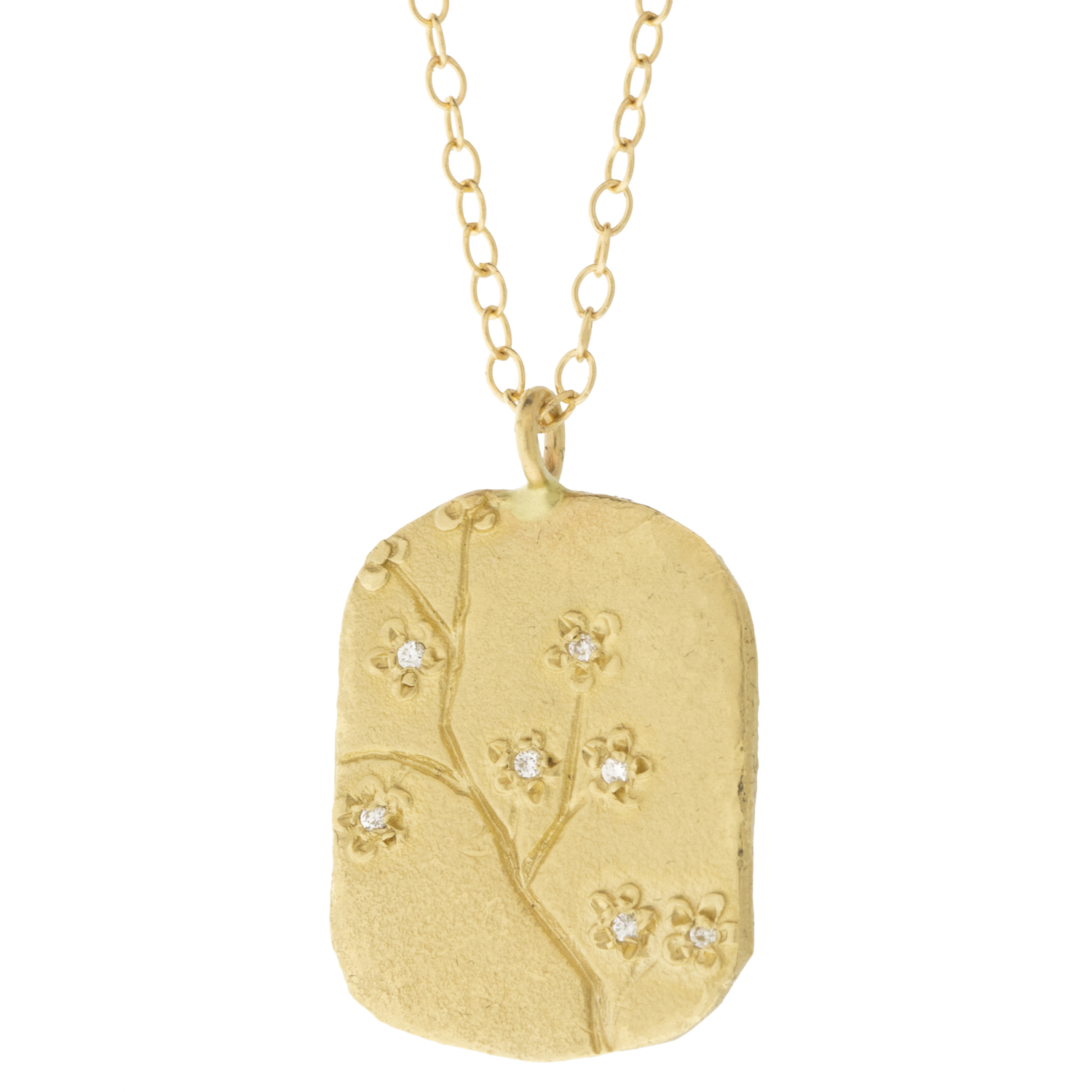 Victoria Cunningham Trunk Show: 14K lg cherry blossom dog tag- 18" in length 15/16" x 5/8" inc bail